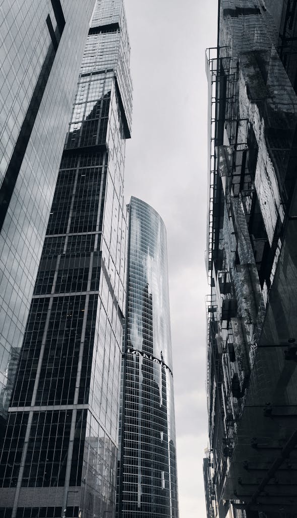 High-rise buildings in Moscow, showcasing modern urban architecture.